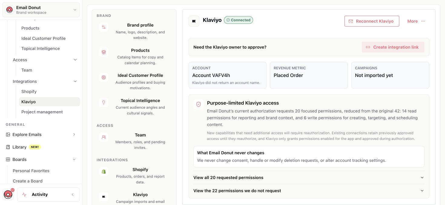 Email Donut brand settings with the Klaviyo integration selected