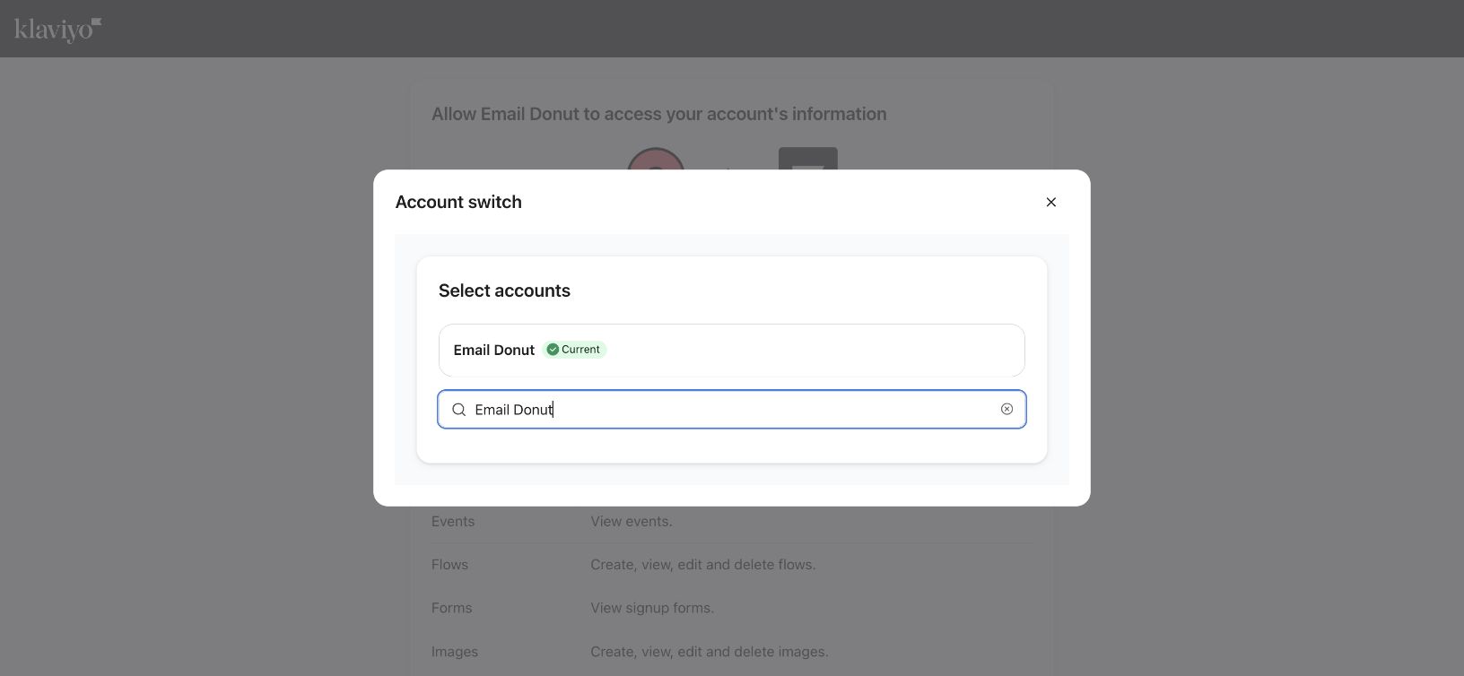 Klaviyo account selection during Email Donut authorization
