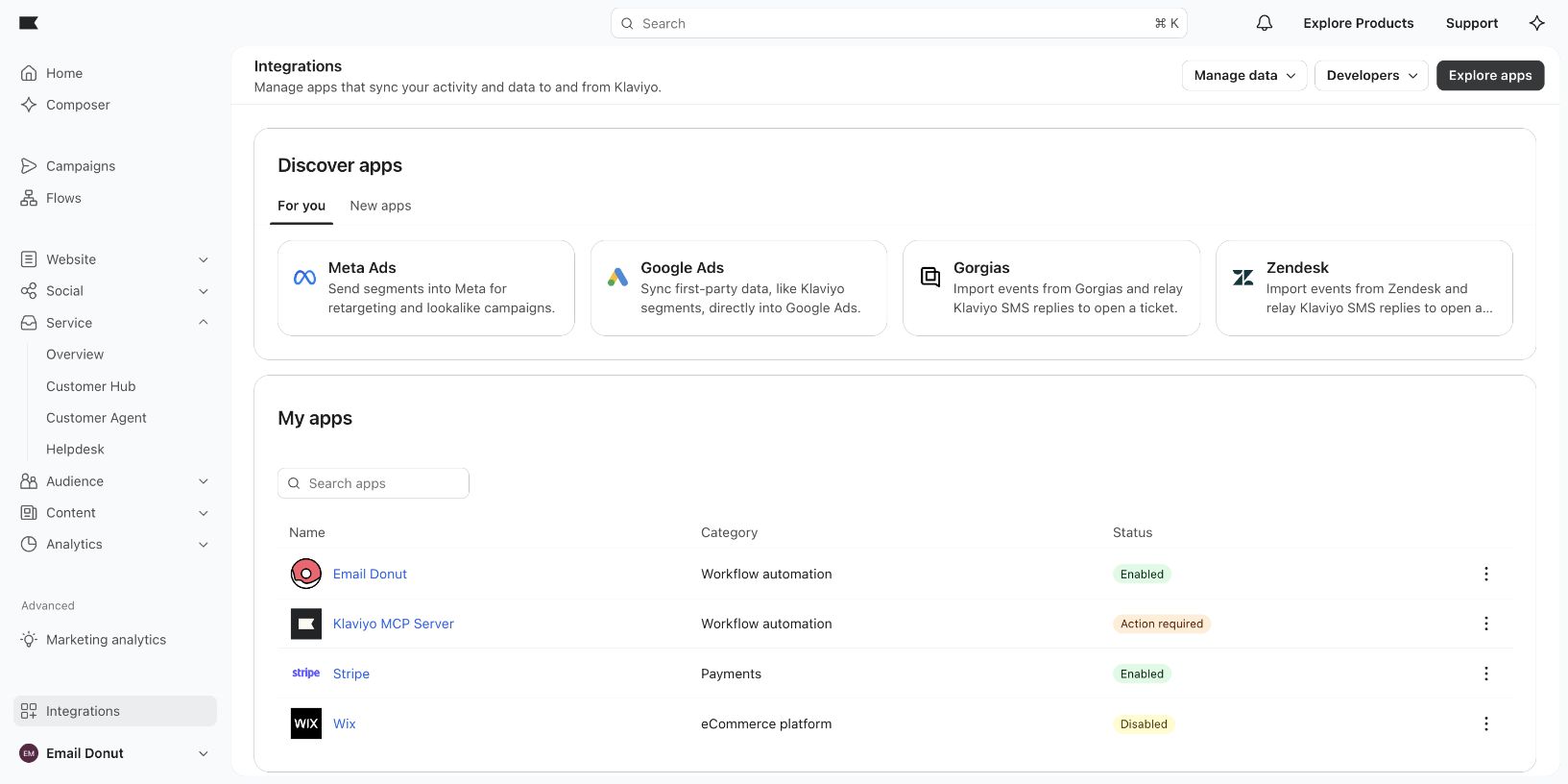 Klaviyo Integrations page with Email Donut in My apps