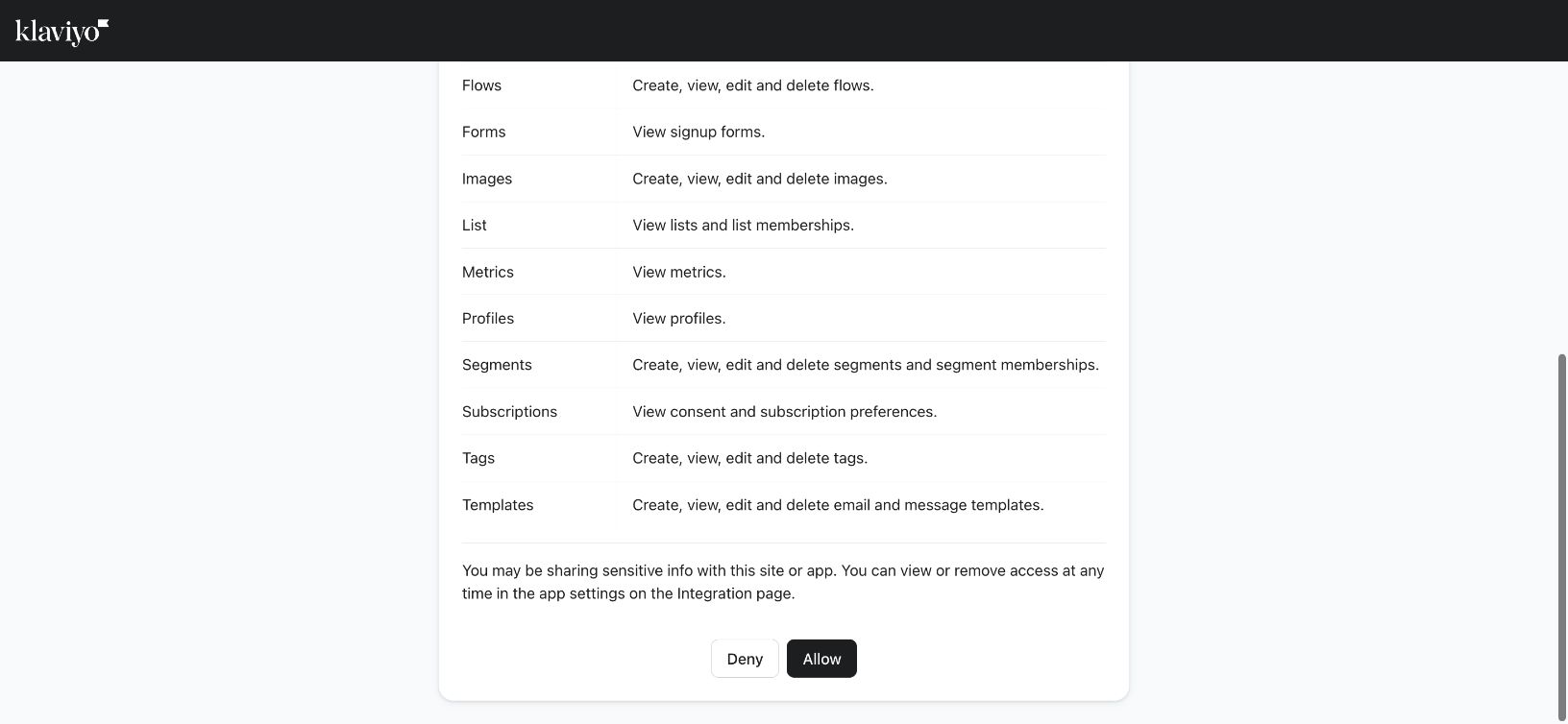 Klaviyo authorization page with Deny and Allow controls