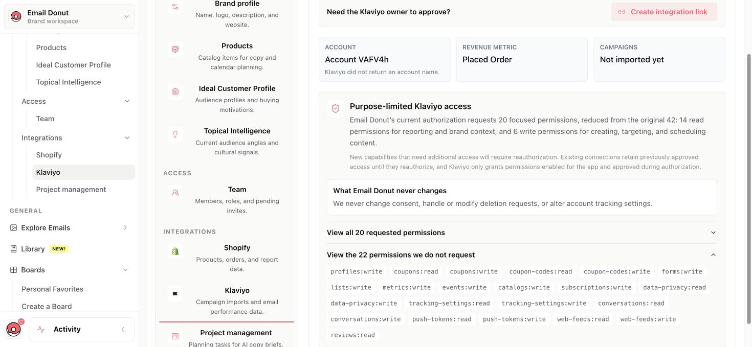 Expanded list of Klaviyo permissions Email Donut excludes